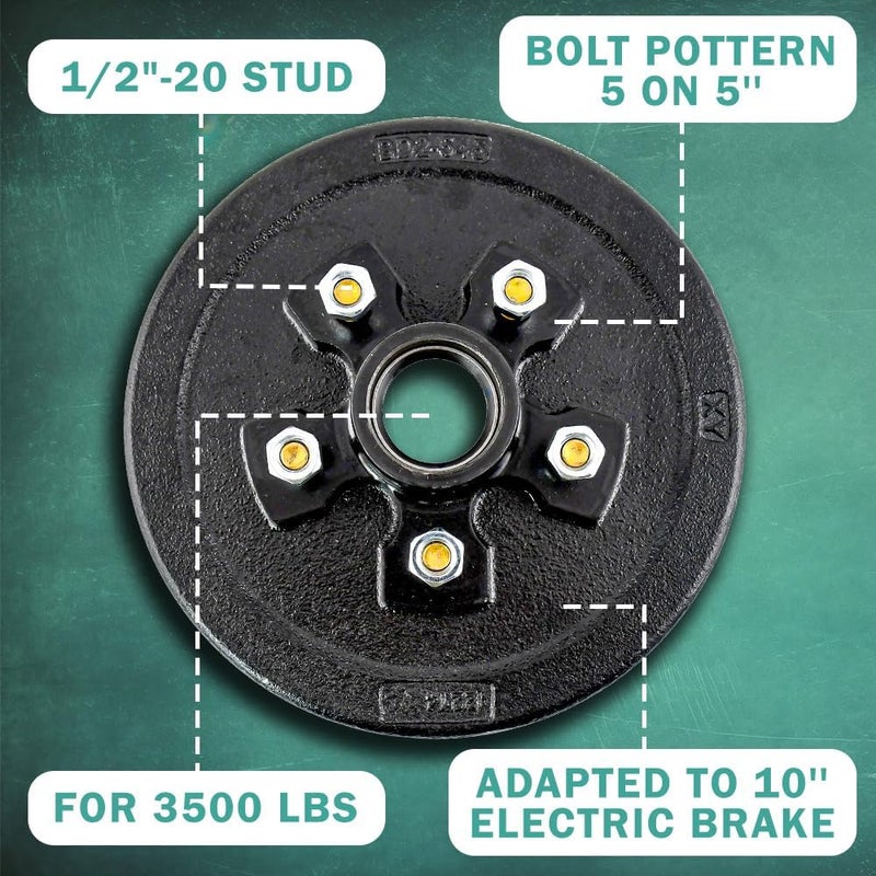 JADODE 10" x 2-1/4" Trailer Brake Drum Kit 5 on 5" for 3500 lbs Heavy Duty 5 Bolt Brake Drums 1/2"-20 L68149/L44649 Trailer Brake Hub Drum Assembly 008-249-07,84557,22002K,Set of 2 - Image 3